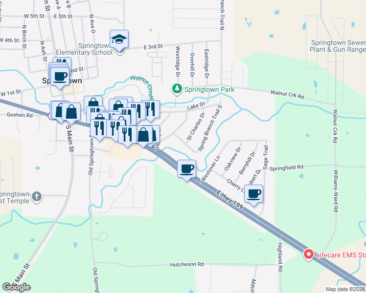 map of restaurants, bars, coffee shops, grocery stores, and more near 243 Saint Charles Drive in Springtown