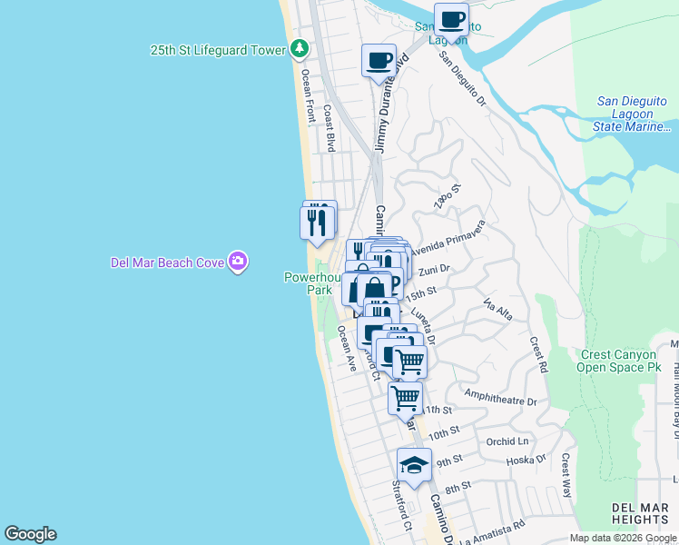map of restaurants, bars, coffee shops, grocery stores, and more near 1545 Coast Boulevard in Del Mar