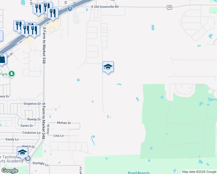 map of restaurants, bars, coffee shops, grocery stores, and more near 1510 Cemetery Road in Royse City