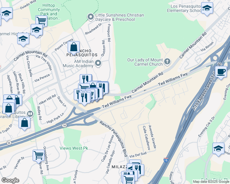 map of restaurants, bars, coffee shops, grocery stores, and more near 10131 Freeport Court in San Diego