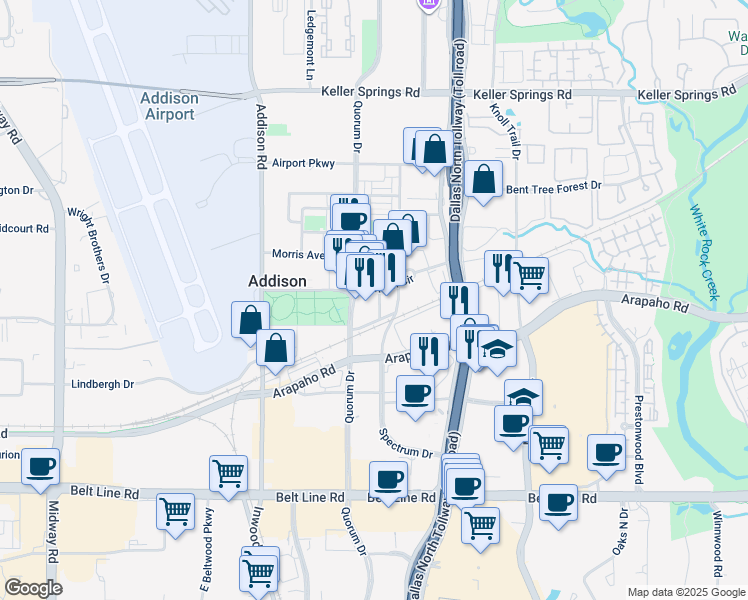 map of restaurants, bars, coffee shops, grocery stores, and more near 15575 Lewis Place in Addison