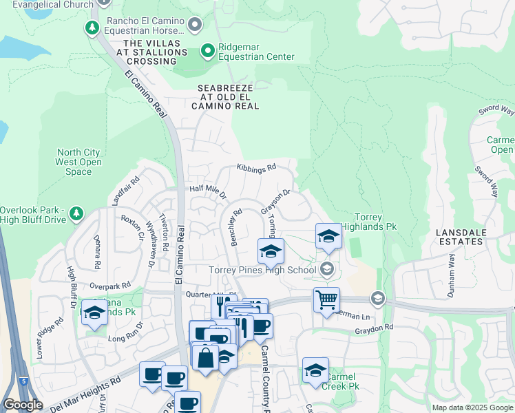 map of restaurants, bars, coffee shops, grocery stores, and more near 13374 Benchley Road in San Diego
