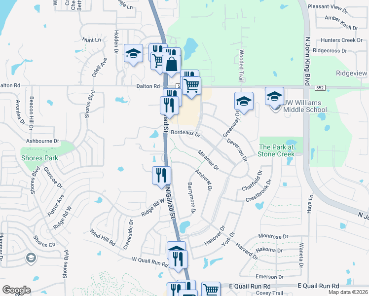 map of restaurants, bars, coffee shops, grocery stores, and more near 799 Miramar Drive in Rockwall