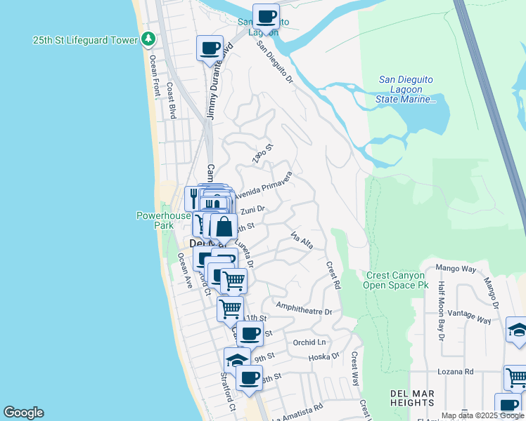 map of restaurants, bars, coffee shops, grocery stores, and more near 469 Zuni Drive in Del Mar