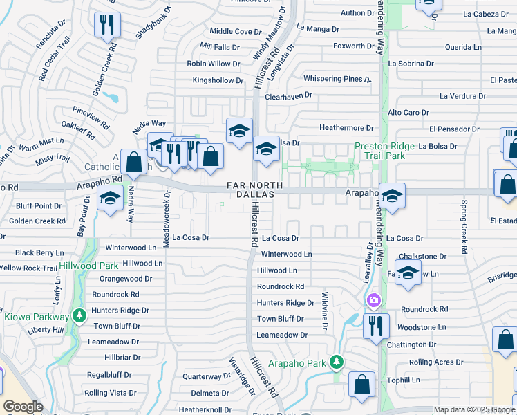 map of restaurants, bars, coffee shops, grocery stores, and more near 7102 Colada Court in Dallas