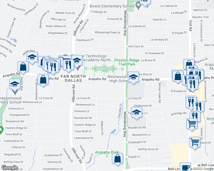 map of restaurants, bars, coffee shops, grocery stores, and more near 15621 Kingscrest Circle in Dallas