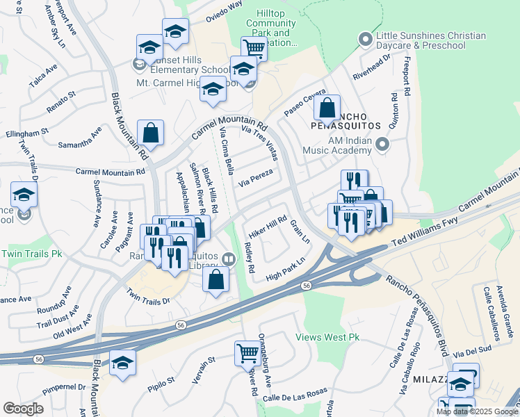 map of restaurants, bars, coffee shops, grocery stores, and more near 9540 Whellock Way in San Diego
