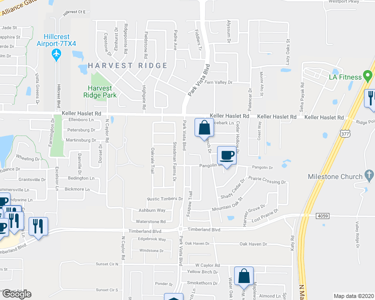 map of restaurants, bars, coffee shops, grocery stores, and more near 12852 Mourning Dove Lane in Fort Worth