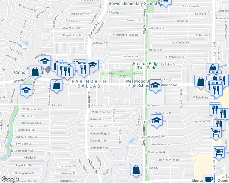 map of restaurants, bars, coffee shops, grocery stores, and more near 15621 Overmead Cir in Dallas
