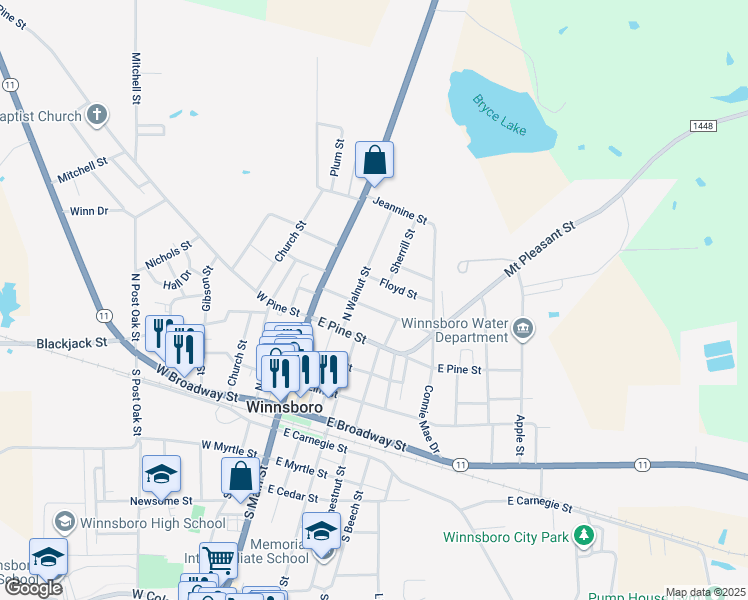 map of restaurants, bars, coffee shops, grocery stores, and more near 303 Richardson Street in Winnsboro