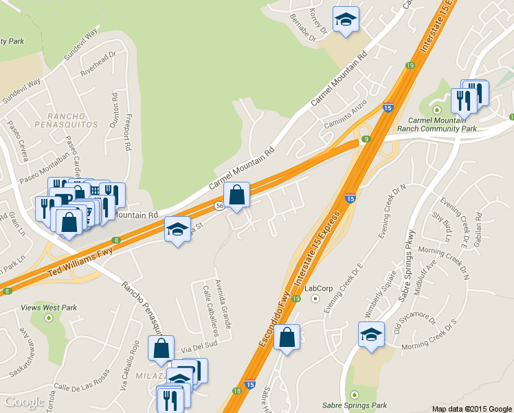 map of restaurants, bars, coffee shops, grocery stores, and more near 13334 Caminito Ciera in San Diego