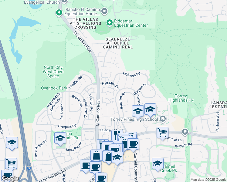 map of restaurants, bars, coffee shops, grocery stores, and more near 13371 Kibbings Road in San Diego
