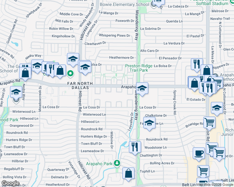 map of restaurants, bars, coffee shops, grocery stores, and more near 15621 Kingscrest Circle in Dallas
