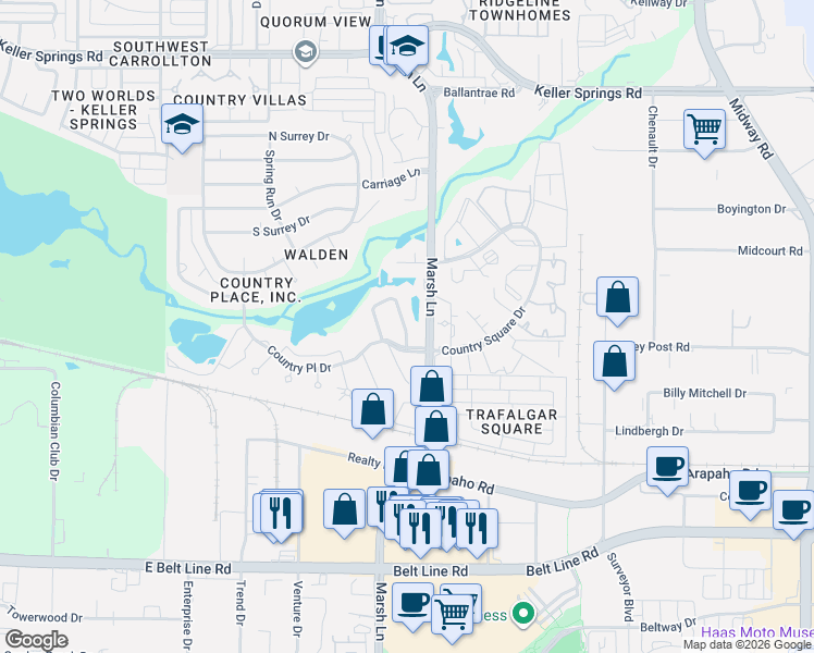 map of restaurants, bars, coffee shops, grocery stores, and more near 2970 Country Place Circle in Carrollton