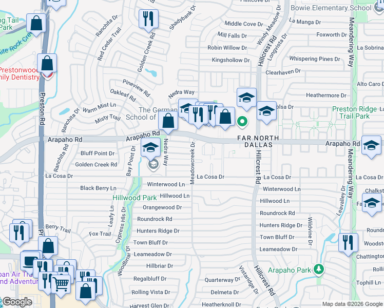 map of restaurants, bars, coffee shops, grocery stores, and more near 5400 Meadowcreek Drive in Dallas