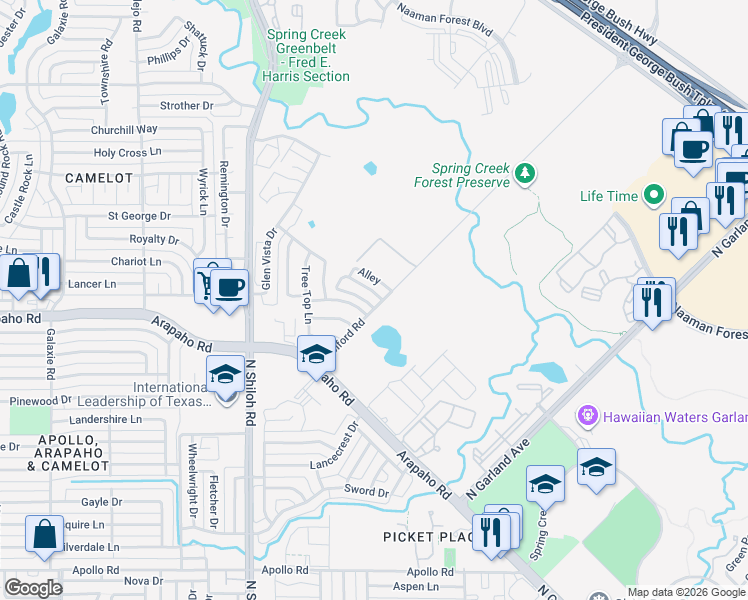 map of restaurants, bars, coffee shops, grocery stores, and more near 2102 John Sharp Circle in Garland