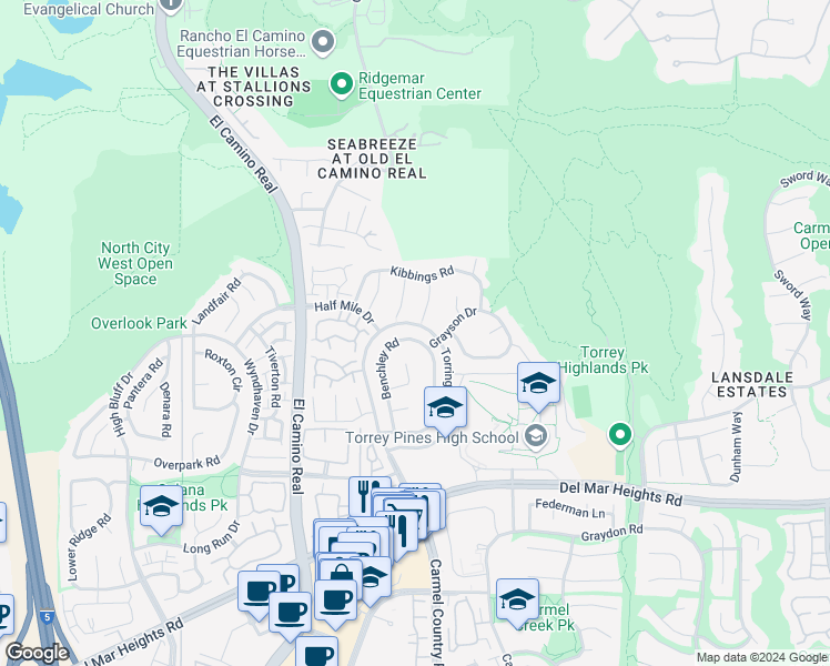 map of restaurants, bars, coffee shops, grocery stores, and more near 13366 Benchley Road in San Diego