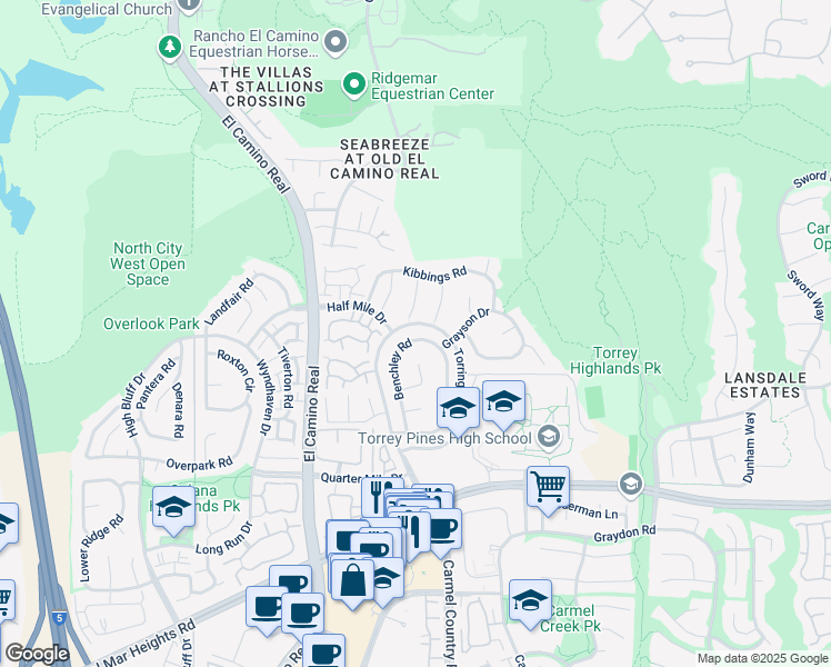 map of restaurants, bars, coffee shops, grocery stores, and more near 13354 Benchley Road in San Diego
