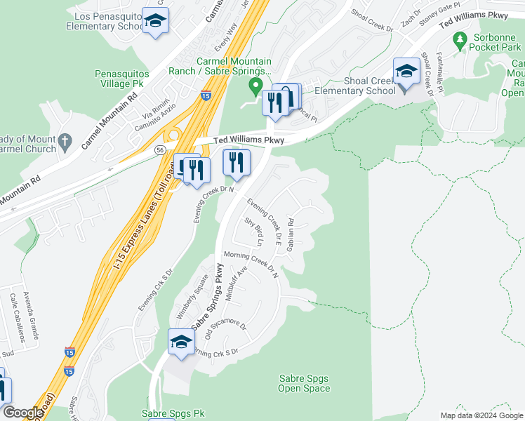 map of restaurants, bars, coffee shops, grocery stores, and more near 10950 Evening Creek Drive in San Diego