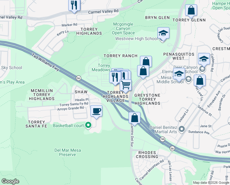map of restaurants, bars, coffee shops, grocery stores, and more near 7805 Highlands Village Place in San Diego