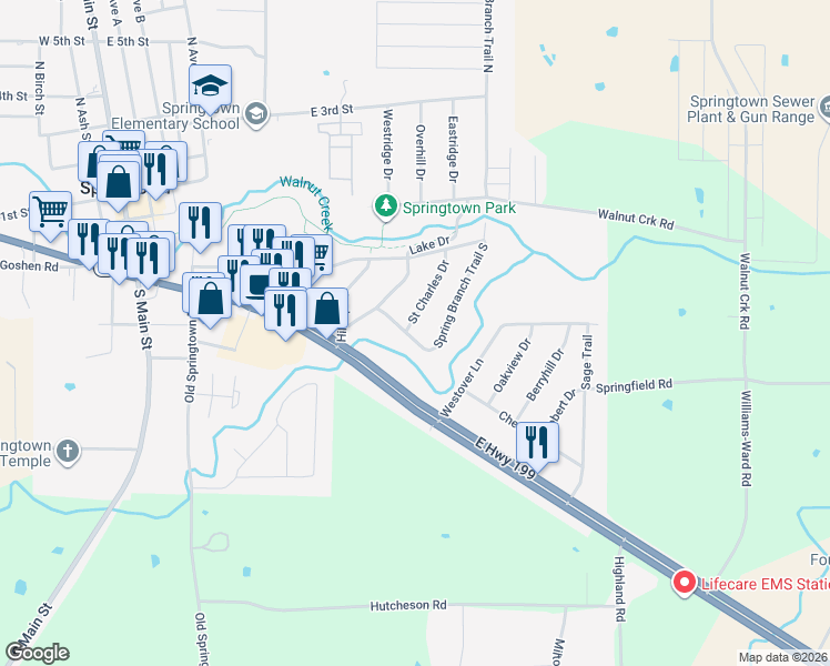map of restaurants, bars, coffee shops, grocery stores, and more near 243 Saint Charles Drive in Springtown