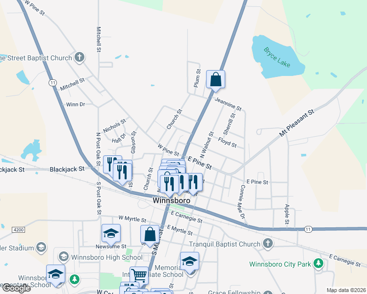 map of restaurants, bars, coffee shops, grocery stores, and more near 602 North Main Street in Winnsboro