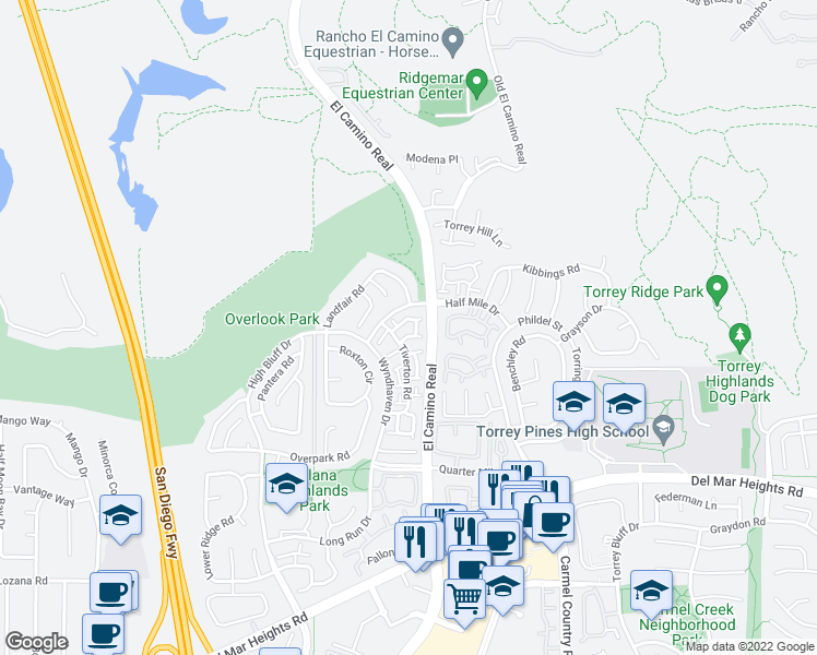 map of restaurants, bars, coffee shops, grocery stores, and more near 13561 Tiverton Road in San Diego