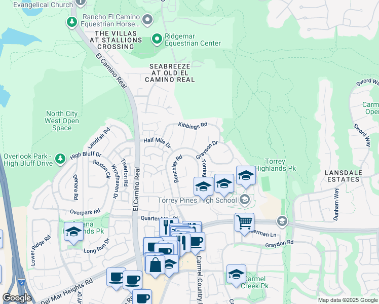 map of restaurants, bars, coffee shops, grocery stores, and more near 13366 Benchley Road in San Diego
