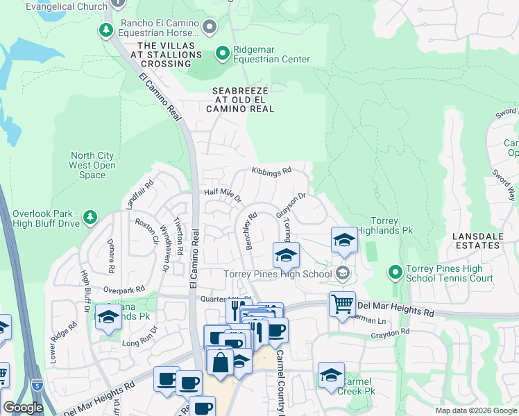 map of restaurants, bars, coffee shops, grocery stores, and more near 13374 Benchley Road in San Diego