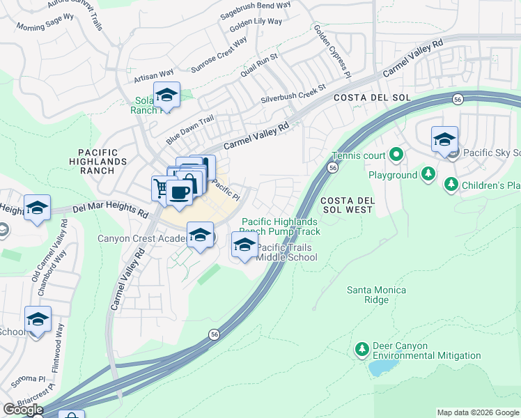 map of restaurants, bars, coffee shops, grocery stores, and more near 6113 Calera Place in San Diego
