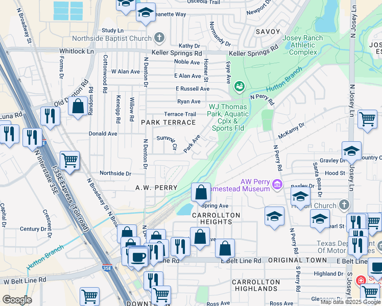 map of restaurants, bars, coffee shops, grocery stores, and more near 1032 Park Avenue in Carrollton