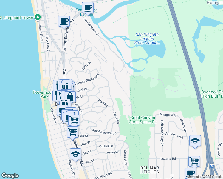 map of restaurants, bars, coffee shops, grocery stores, and more near 1449 Crest Road in Del Mar