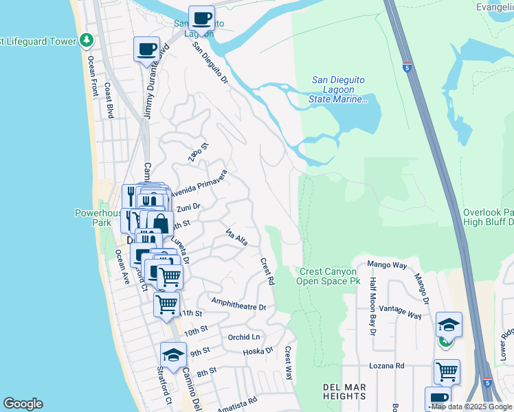 map of restaurants, bars, coffee shops, grocery stores, and more near 1449 Crest Road in Del Mar