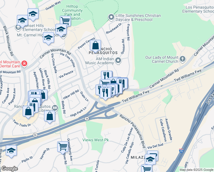map of restaurants, bars, coffee shops, grocery stores, and more near 9920 Carmel Mountain Road in San Diego