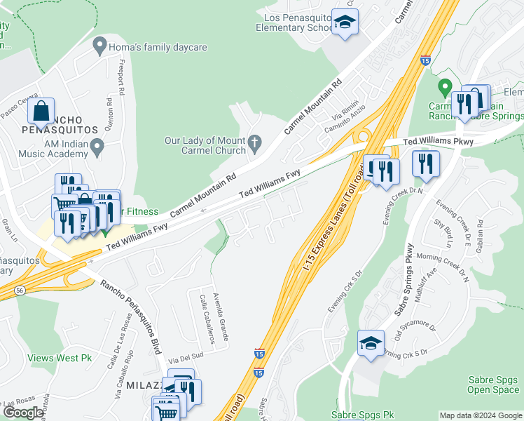 map of restaurants, bars, coffee shops, grocery stores, and more near 13341 Caminito Ciera in San Diego