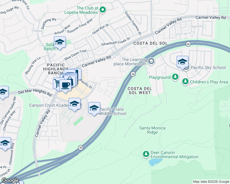 map of restaurants, bars, coffee shops, grocery stores, and more near 6139 Verda Lane in San Diego
