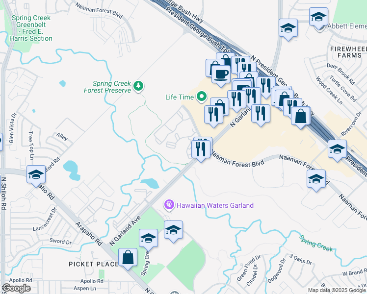 map of restaurants, bars, coffee shops, grocery stores, and more near in Garland