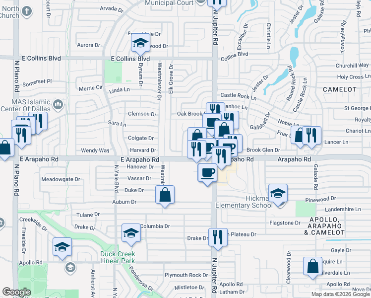 map of restaurants, bars, coffee shops, grocery stores, and more near 1001 Elk Grove Drive in Richardson