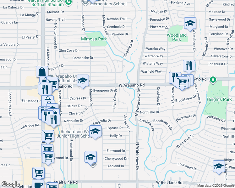 map of restaurants, bars, coffee shops, grocery stores, and more near 1000 Glen Cove Drive in Richardson