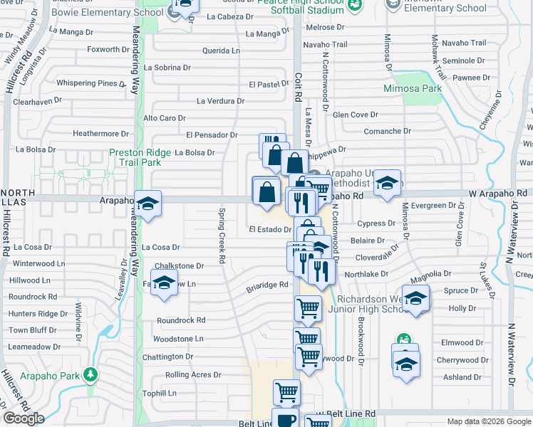 map of restaurants, bars, coffee shops, grocery stores, and more near 15534 El Estado Drive in Dallas
