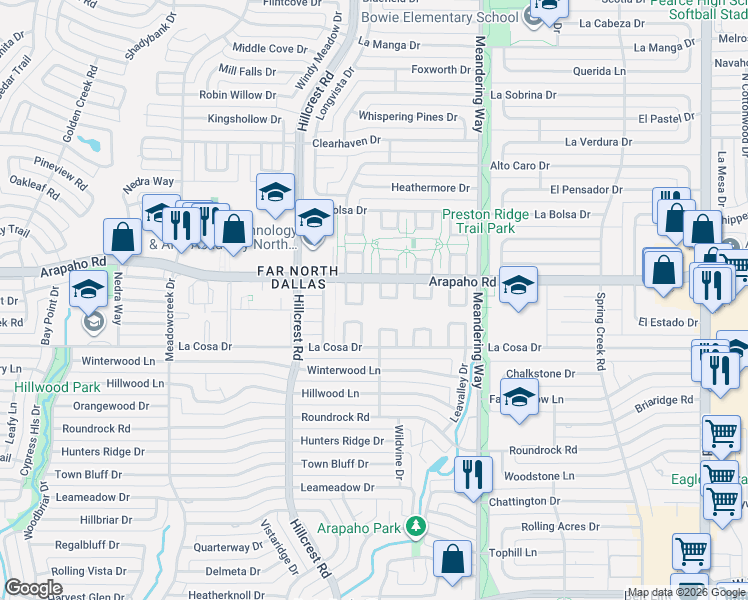 map of restaurants, bars, coffee shops, grocery stores, and more near 15621 Overmead Circle in Dallas