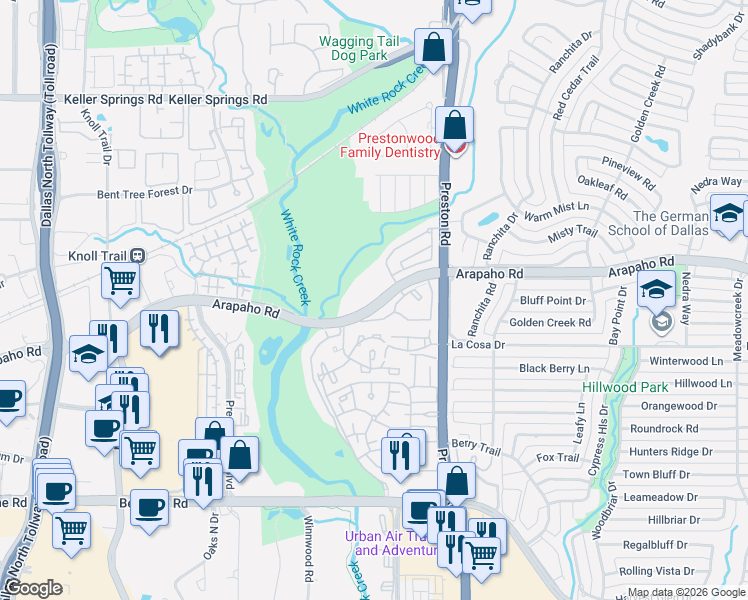 map of restaurants, bars, coffee shops, grocery stores, and more near 5891 Arapaho Road in Dallas
