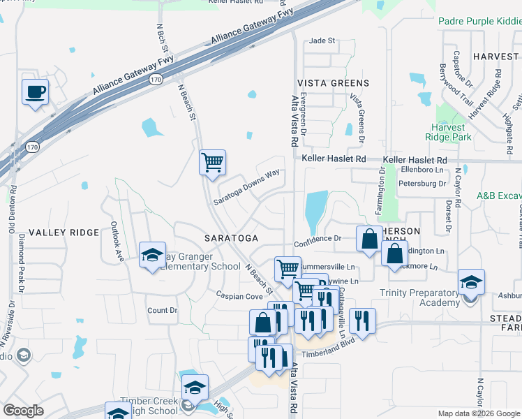 map of restaurants, bars, coffee shops, grocery stores, and more near 3616 Homestretch Court in Fort Worth