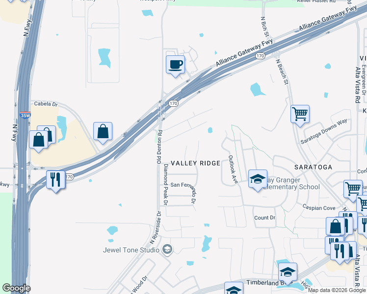 map of restaurants, bars, coffee shops, grocery stores, and more near 12824 Hidden Valley Court in Fort Worth