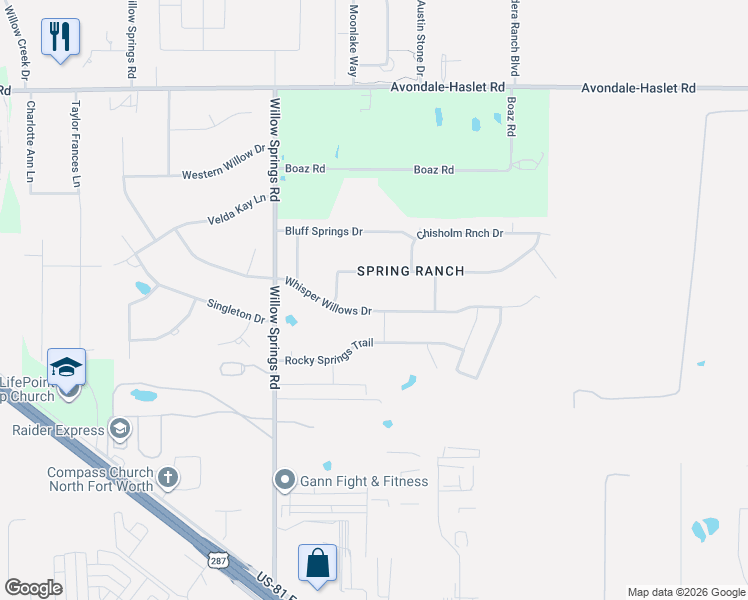 map of restaurants, bars, coffee shops, grocery stores, and more near 1308 Whisper Willowa Drive in Haslet