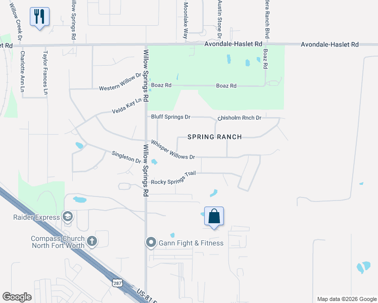 map of restaurants, bars, coffee shops, grocery stores, and more near 1348 Whisper Willowa Drive in Haslet