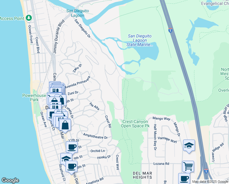 map of restaurants, bars, coffee shops, grocery stores, and more near Oribia Road in Del Mar