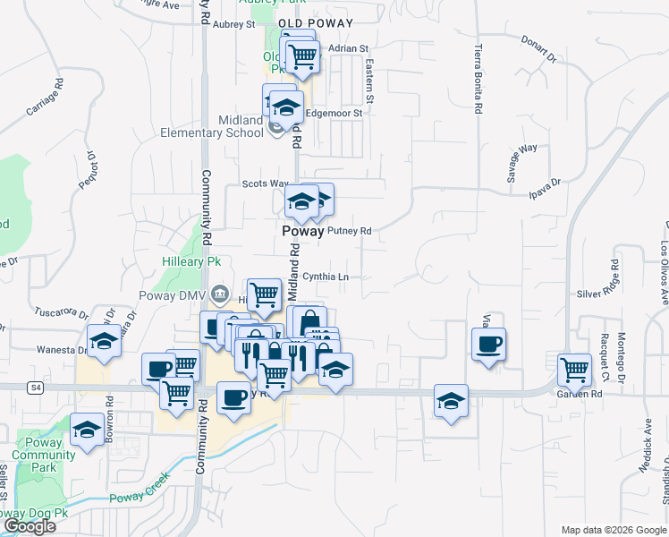 map of restaurants, bars, coffee shops, grocery stores, and more near 13635 Janeen Road in Poway
