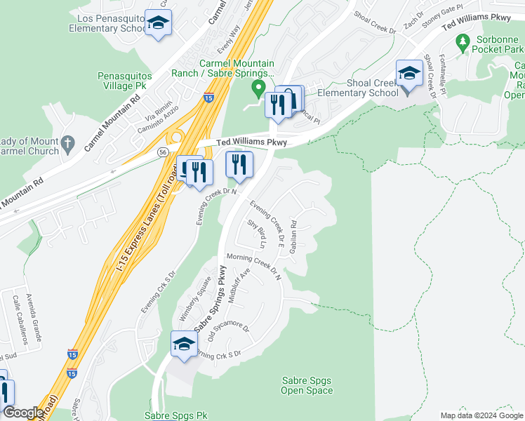 map of restaurants, bars, coffee shops, grocery stores, and more near 10944 Evening Creek Drive in San Diego