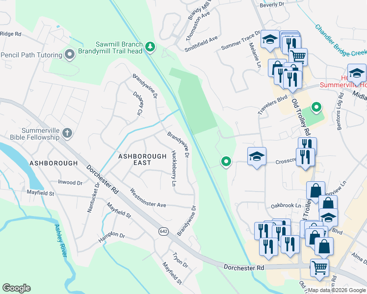 map of restaurants, bars, coffee shops, grocery stores, and more near 122 Huckleberry Lane in Summerville